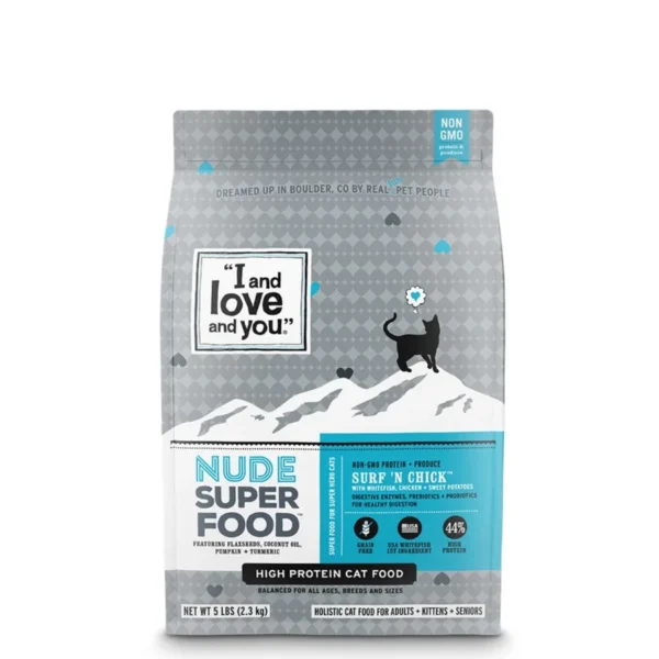 Nude Food Surf 'n Chick Dry Cat Food 5 lb Bag - Chicken Flavor High-Protein Grain-Free Natural Ingredients for Healthy Digestio