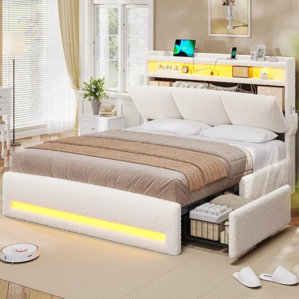Full Size Bed Frame with Storage Headboard And Charging Station Boucle Upholstered Bed Customized with 4 ，Customized